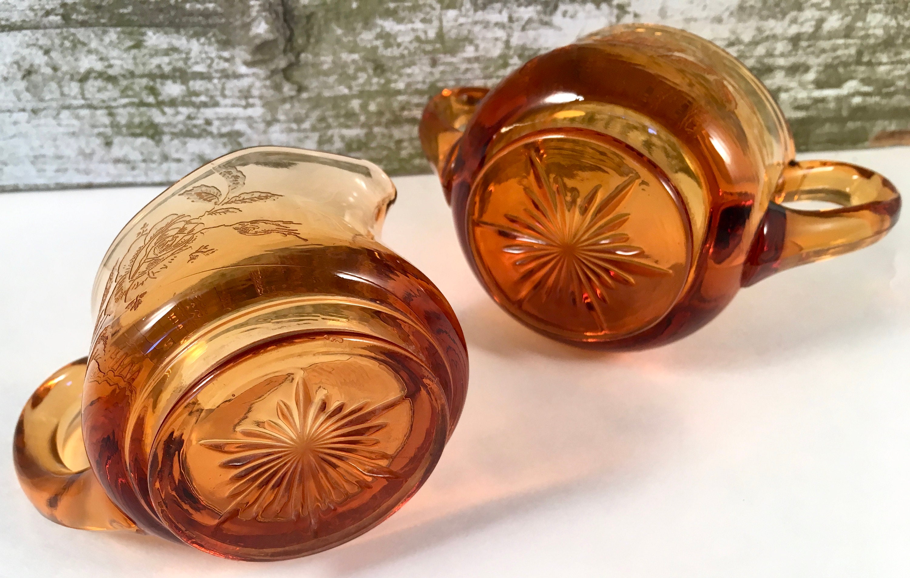 Vintage Amber Glass Sugar Bowl and Creamer Set Etched Glass Etsy