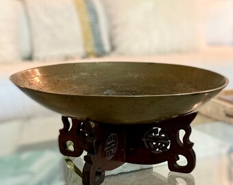 Vintage Chinese Brass Bowl With Carved Wooden Stand Vintage Chinese Brass Bowl With Carved Wooden Stand