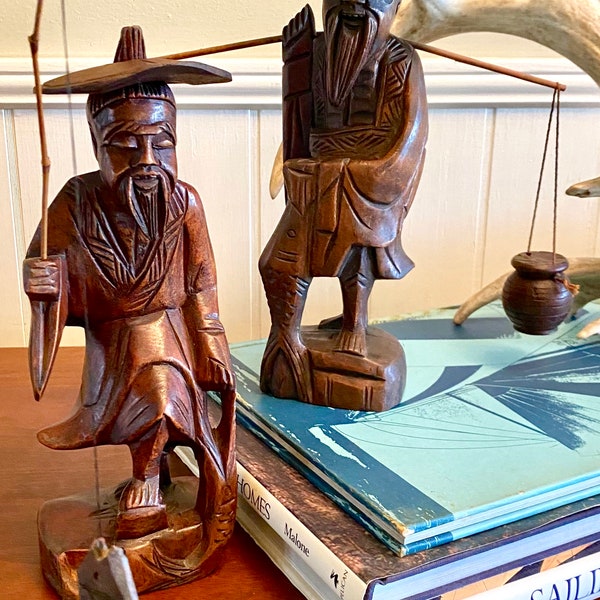 Carved Chinese Fishermen | Vintage Wooden Sculptures | Chinese Rosewood Carvings | Chinese Decorative Arts | Chinese Fishermen Statues