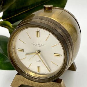 Vintage Swiza Sheffield Brass Clock | Swiss Made Brass Barrel Keg Clock | Eight Day Alarm | Mid Century Modern Desk Table Clock Timepiece