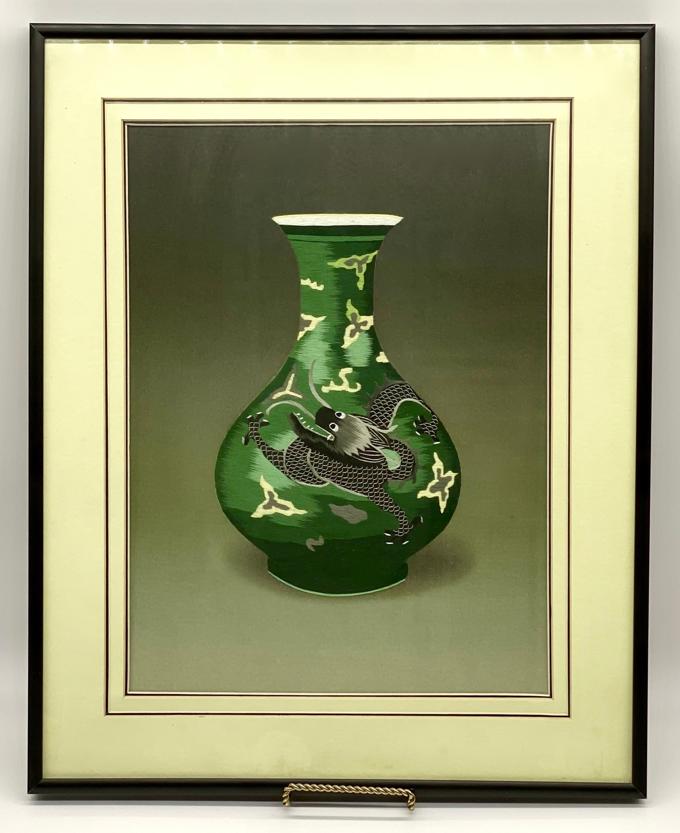 Exquisite Chinese Embroidery on Silk Panel | Embroidery Painting | Dragon Vase on Silk Fabric | Framed Wall Decor | Asian Textile Art