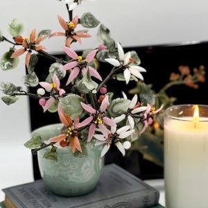 Pretty Vintage Chinese Bonsai Jade Tree | Lucky Jade Tree | Celadon Ceramic Pot | Colorful Star Flowers | Stone Glass Tree | Asian Decor