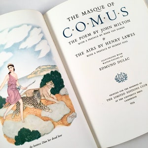May include: A book cover with an illustration of a woman in a pink dress with a bow and arrow, and two leopards. The title of the book is "The Masque of Comus" by John Milton. The book is illustrated by Edmund Dulac.