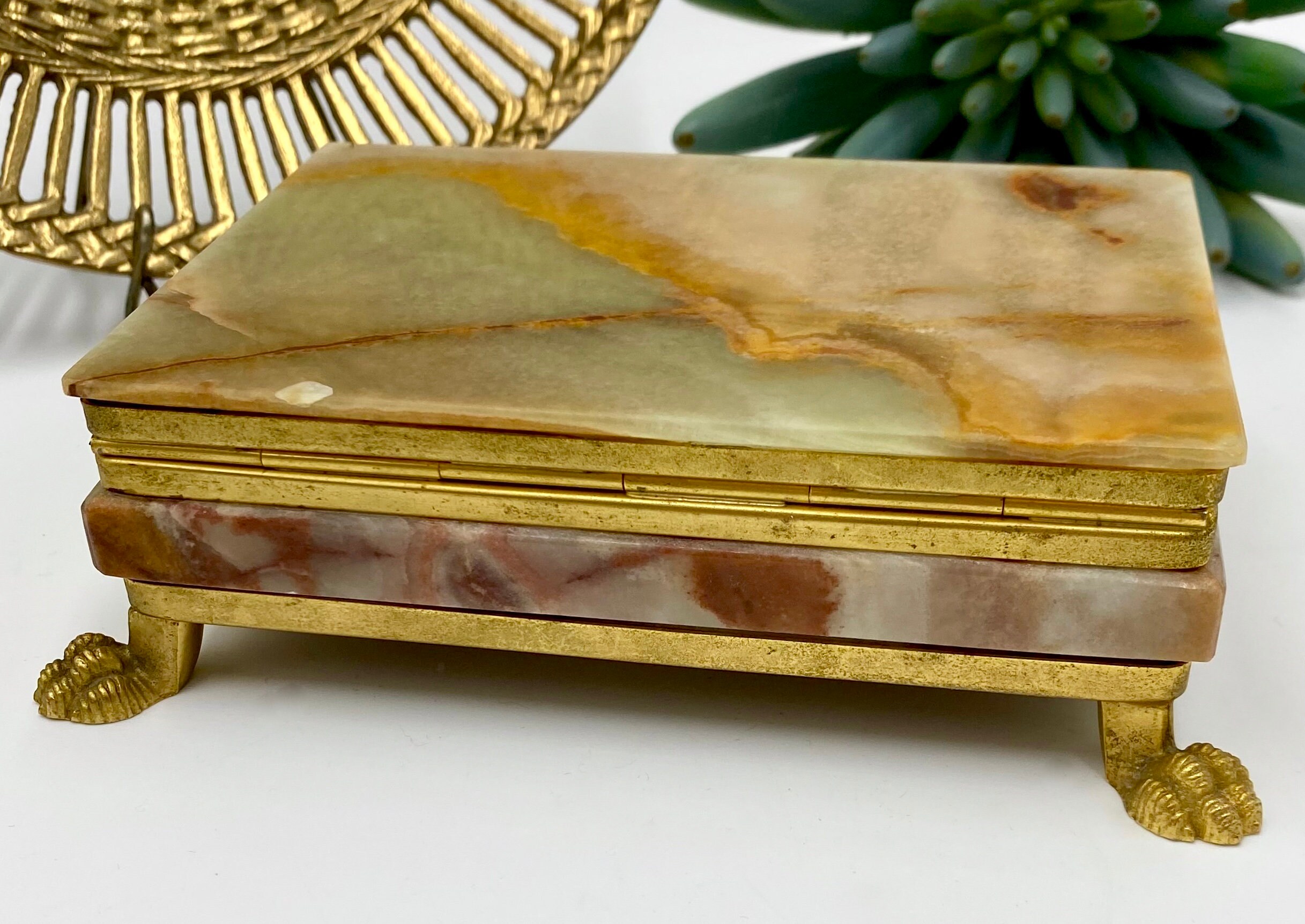 Vintage Variegated Onyx Box With Hinged Lid and Lion's Paw Feet