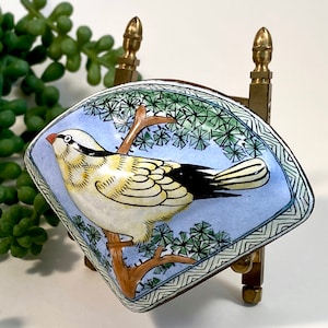 Vintage Enameled Trinket Box | Fan Shaped Box with Dimensional Bird Design | Chinese Decorative Arts | Enamel over Metal | Bird Decor