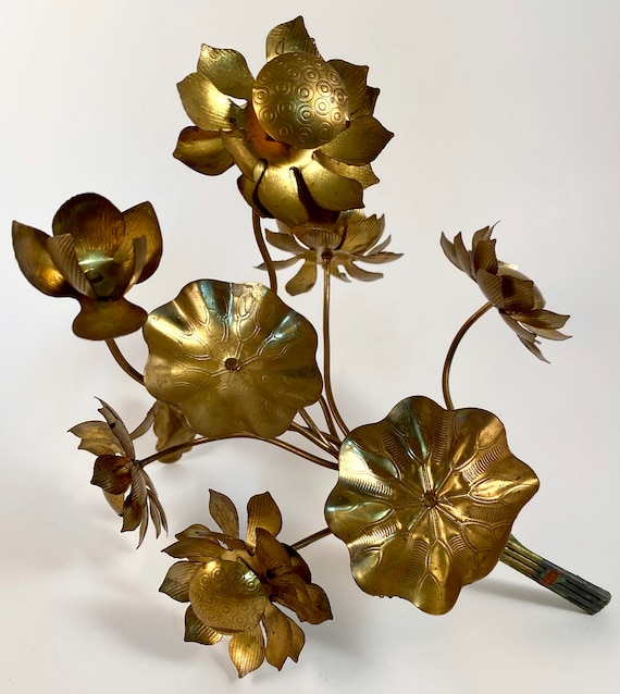 Vintage Japanese Golden Brass Lotus Blossom Flower Bouquet