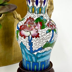 Tiny Vintage Cloisonné Enameled Vase | Peony Design | Chinese Cloisonné | Jingfa Cloisonné | Wooden Display Stand | Asian Decorative Arts