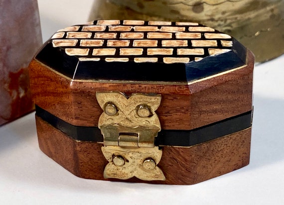 Tiny Wooden Ring Box | Decorative Inlay | Brass F… - image 2