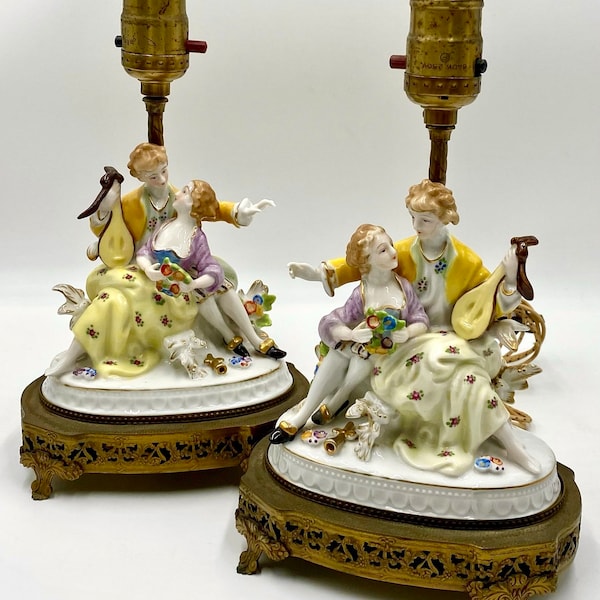 TWO Vintage Boudoir Lamps | Romantic Couple | Charming Lovers | Victorian Era | Hand-Painted Porcelain Figures | Gold Metal Pedestal Bases