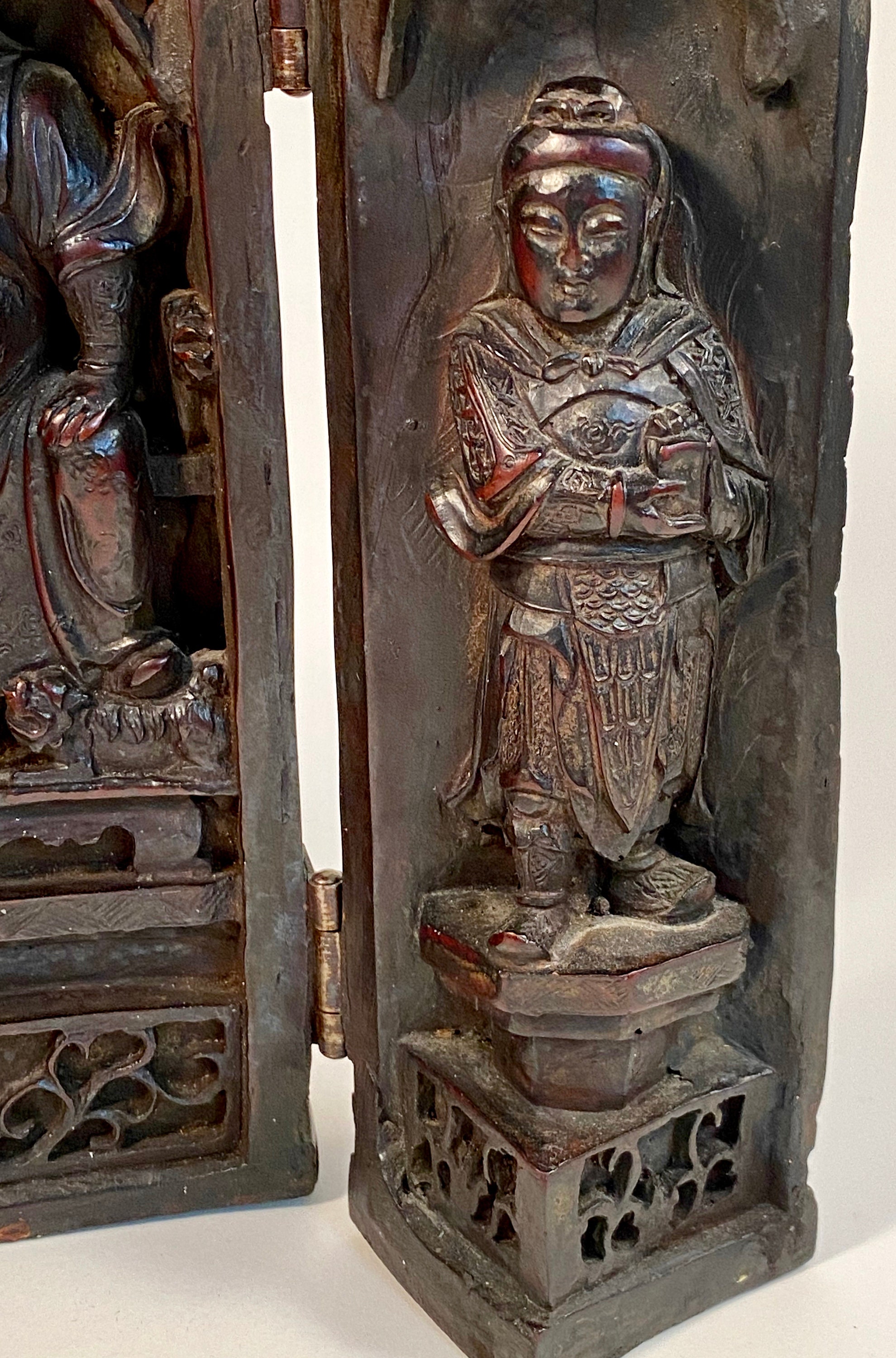 Antique Chinese Folding Buddha Triptych | Carved Wood Temple Antique Chinese Folding Buddha Triptych | Carved Wood Temple