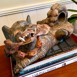 Awesome Guardian Lion Sculpture | Solid Wood Carved Foo Dog | Polychrome Painted Finish | Awesome Objet d’Art | Coffee Table Display Statue