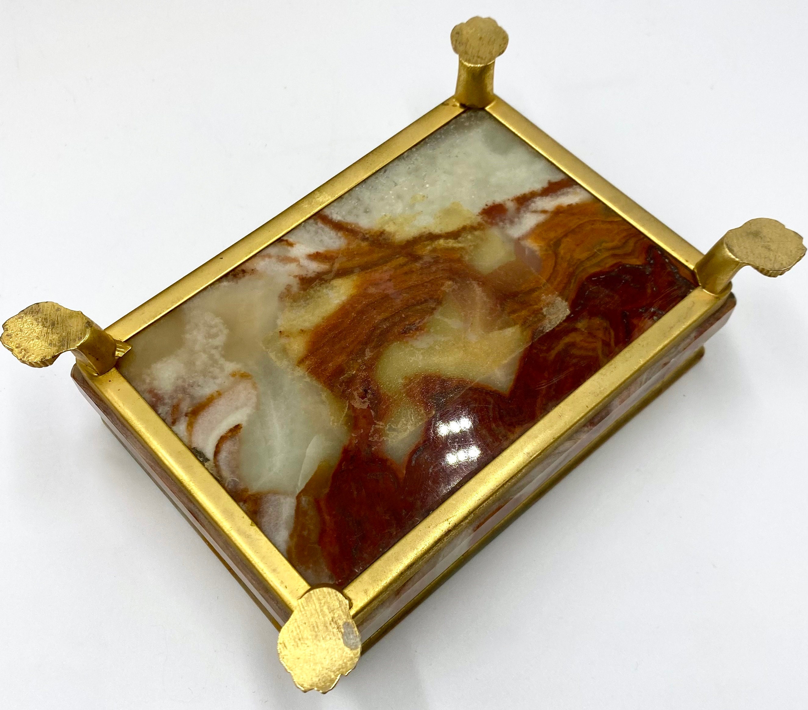Vintage Variegated Onyx Box With Hinged Lid and Lion's Paw Feet