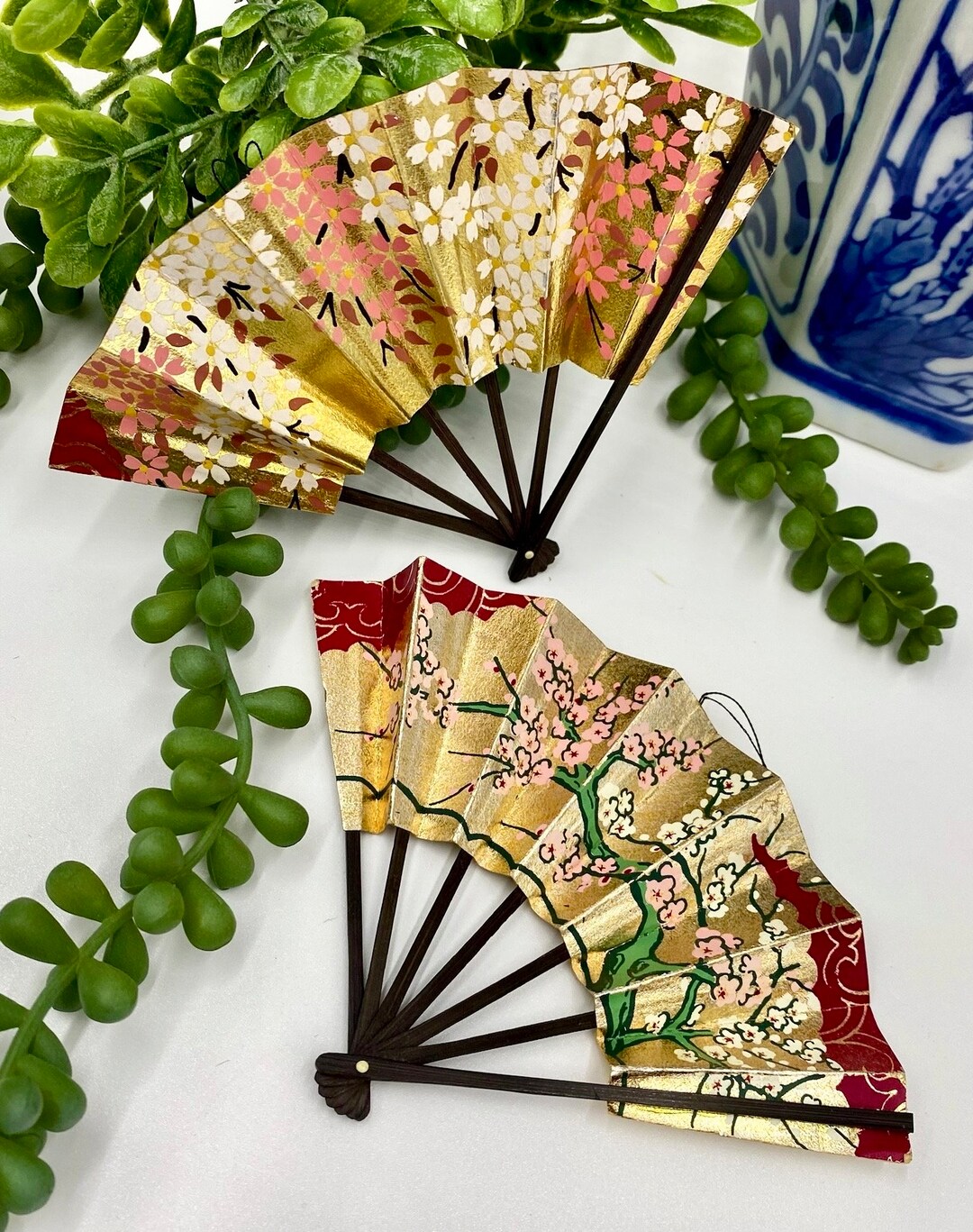 Darling Vintage Japanese Paper Fans Miniature Hand Painted Folding Fans