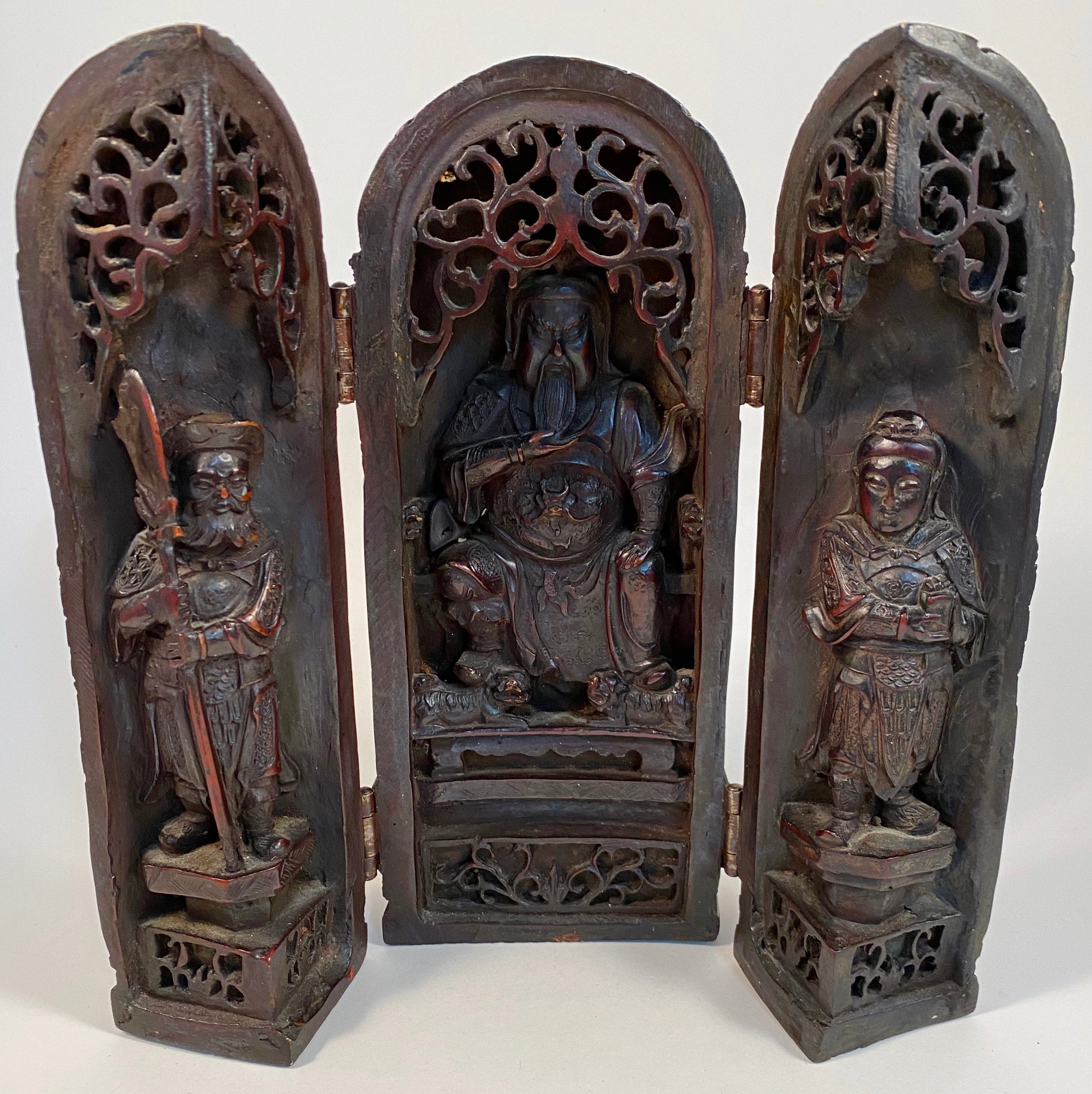 Antique Chinese Folding Buddha Triptych | Carved Wood Temple Antique Chinese Folding Buddha Triptych | Carved Wood Temple