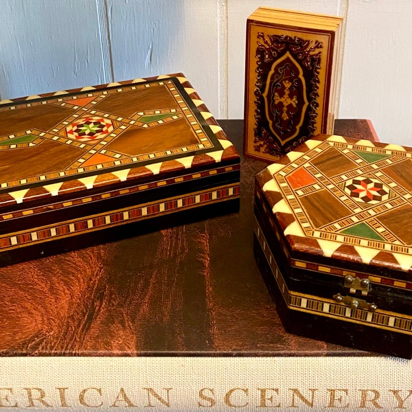 Vintage Moroccan Inlaid Mosaic Marquetry Wooden Box | Decorative Lacquered Wooden Box with Inlay | Collectible Wooden Box | Home Decor