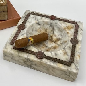 Handsome Vintage Carrara Marble Ashtray with Decorative Metal Banding | Square Ashtray with Circular Well | Cigar Ashtray | Trinket Dish