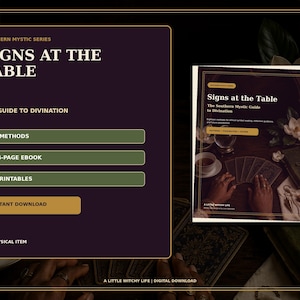 May include: A digital product listing titled Signs at the Table: The Southern Mystic Guide to Divination. It features 18 methods, a 184-page ebook, and 7 printables. The graphic includes text on a dark purple background and a book cover image.