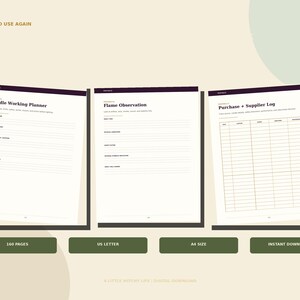 May include: Three white pages with dark purple headers titled Candle Working Planner, Flame Observation, and Purchase + Supplier Log. The pages feature lined sections for notes and a table for tracking supplies. Text includes 160 PAGES, US LETTER, A4 SIZE.