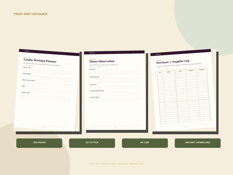May include: Three white pages with dark purple headers titled Candle Working Planner, Flame Observation, and Purchase + Supplier Log. The pages feature lined sections for notes and a table for tracking supplies. Text includes 160 PAGES, US LETTER, A4 SIZE.