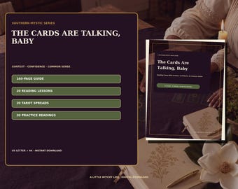 May include: A digital guide titled The Cards Are Talking, Baby from the Southern Mystic Series. It features a 160-page guide, 20 reading lessons, 20 tarot spreads, and 30 practice readings. The design uses dark purple, olive green, and gold accents.