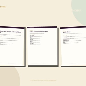 May include: Three white pages with dark purple headers arranged side-by-side. The pages contain printed text titled Children, pets, lungs, and neighbors count, Color correspondence chart, and A tall flame, featuring lists and descriptive information.