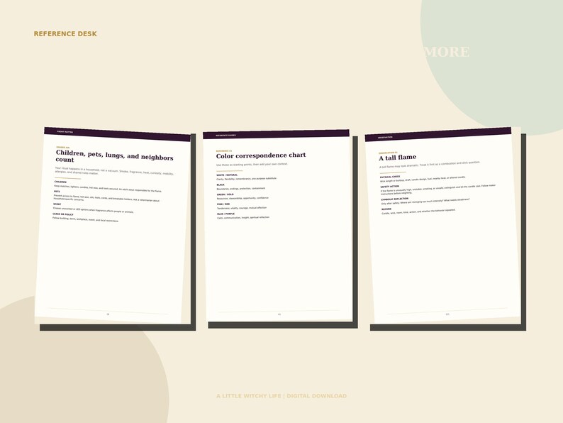 May include: Three white pages with dark purple headers arranged side-by-side. The pages contain printed text titled Children, pets, lungs, and neighbors count, Color correspondence chart, and A tall flame, featuring lists and descriptive information.