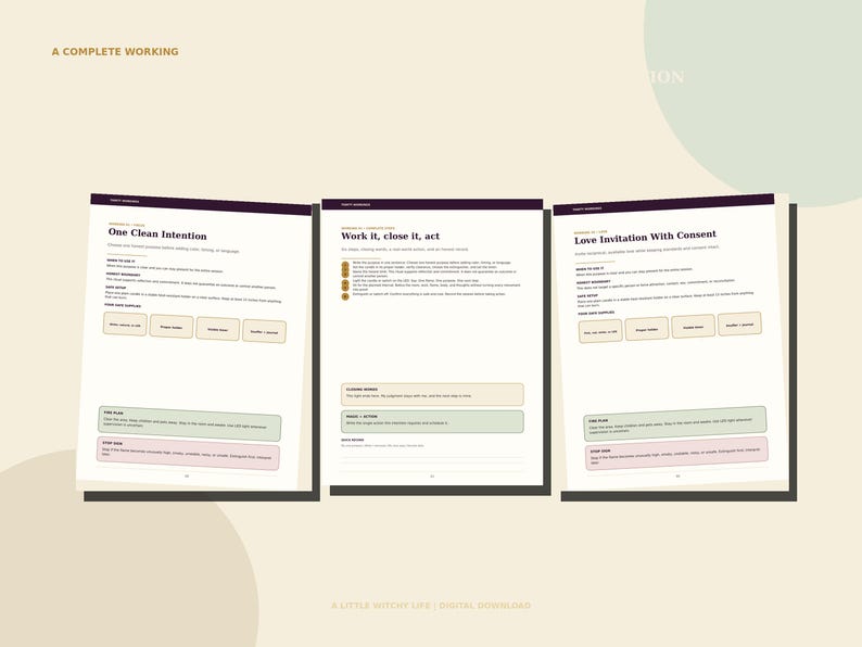 May include: Three pages of a digital workbook titled A Complete Working, featuring sections labeled One Clean Intention, Work it, close it, act, and Love Invitation With Consent. The pages contain instructional text, numbered lists, and boxes.