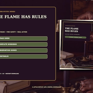 May include: A digital guide titled The Flame Has Rules from the Southern Mystic Series. The dark purple document features gold text, green buttons, and lists 160 pages, 30 workings, 10 observation guides, and 12 printables in US Letter and A4 sizes.