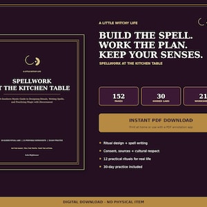 May include: A dark purple digital guide titled Spellwork at the Kitchen Table, featuring 152 pages, 30 guided labs, and 21 worksheets. The text includes Build the Spell. Work the Plan. Keep Your Senses. It is an instant PDF download for home printing.
