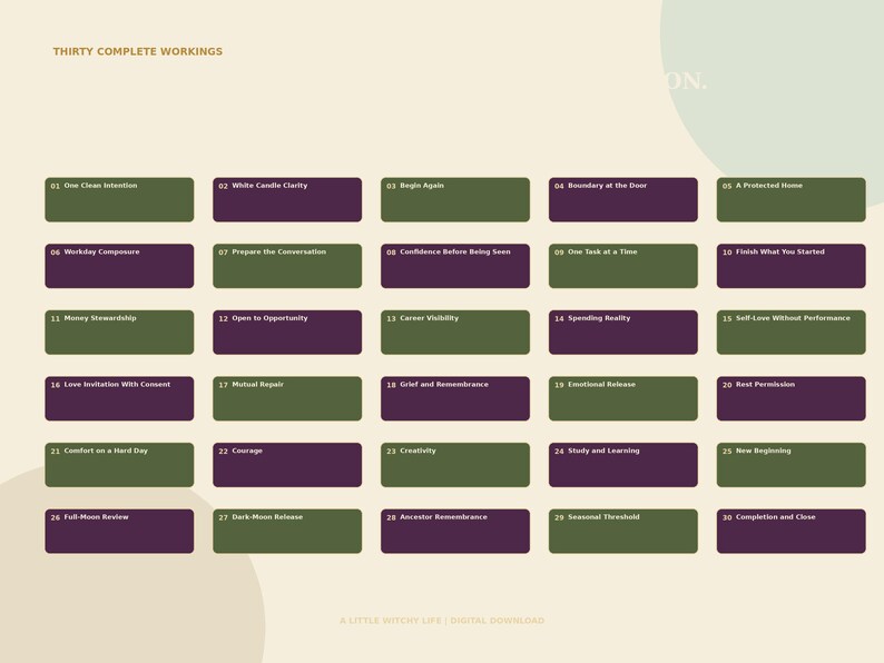 May include: A digital chart titled THIRTY COMPLETE WORKINGS featuring a grid of thirty rectangular buttons in alternating olive green and dark purple colors. Each button contains a numbered list item from 01 to 30 with specific text labels.