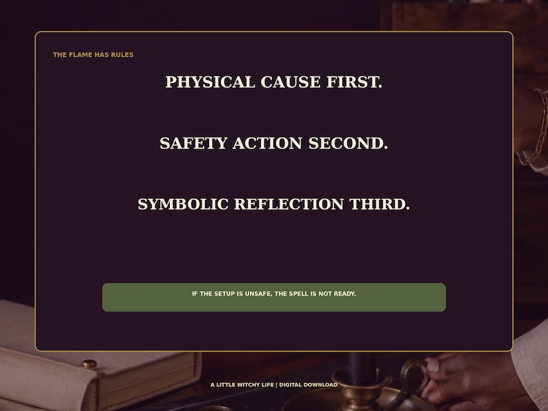 May include: A dark purple rectangular digital graphic with a thin gold border. The text reads: THE FLAME HAS RULES, PHYSICAL CAUSE FIRST, SAFETY ACTION SECOND, SYMBOLIC REFLECTION THIRD. A green horizontal bar contains: IF THE SETUP IS UNSAFE, THE SPELL IS NOT READY.