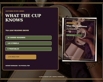 以下が含まれることがあります： What the Cup Knowsというタイトルのデジタル電子書籍で、Southern Mysticシリーズの茶葉占いガイドです。176ページのPDFには、20のガイド付きリーディング、120のシンボル、8つの印刷可能な素材が含まれています。表紙にはティーカップと開いた本が描かれています。