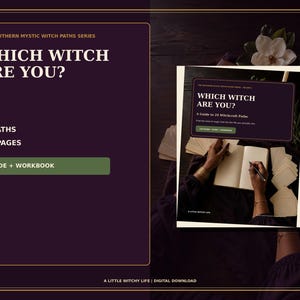 Puede incluir: Una guía digital y libro de ejercicios titulado Which Witch Are You? A Guide to 24 Witchcraft Paths. La portada morada oscura presenta texto blanco, 24 caminos, 120 páginas y un botón verde. El interior muestra a una persona escribiendo en un cuaderno.