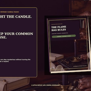 May include: A digital download guide titled The Flame Has Rules, featuring a dark purple cover with gold text and a green accent bar. The text reads: Light the candle. Keep your common sense. Mystery can stay mysterious without turning the setup into a hazard.
