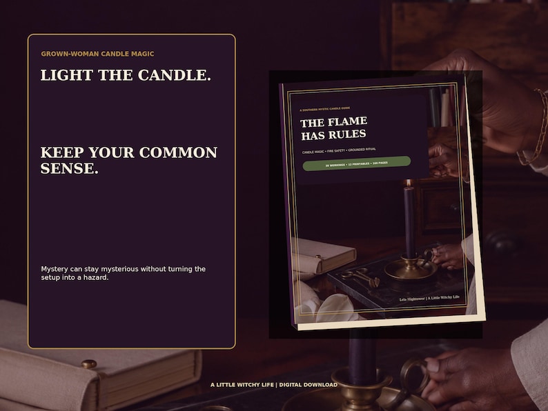 May include: A digital download guide titled The Flame Has Rules, featuring a dark purple cover with gold text and a green accent bar. The text reads: Light the candle. Keep your common sense. Mystery can stay mysterious without turning the setup into a hazard.
