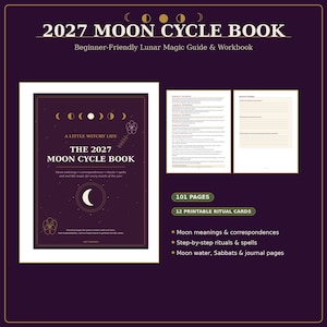 May include: A 2027 Moon Cycle Book, a beginner-friendly lunar magic guide and workbook. The dark purple cover features gold moon phases, text, and floral line art. Includes 101 pages, 12 printable ritual cards, moon meanings, rituals, and spells.
