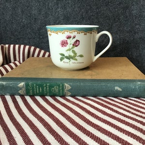 May include: A white ceramic mug with a floral design featuring a pink rose and green leaves. The mug has a gold rim and a blue band around the top. The mug is sitting on top of a green book with the title "Little Girls" printed on the spine.