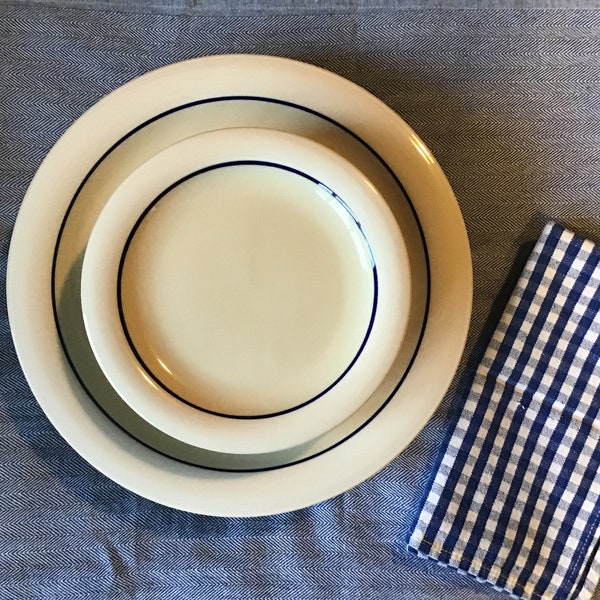 Gibson Housewares Blue Striped Plates, Set, 6 Dinner Plates, 5 Salad Plates, Off-White, Cream, Blue