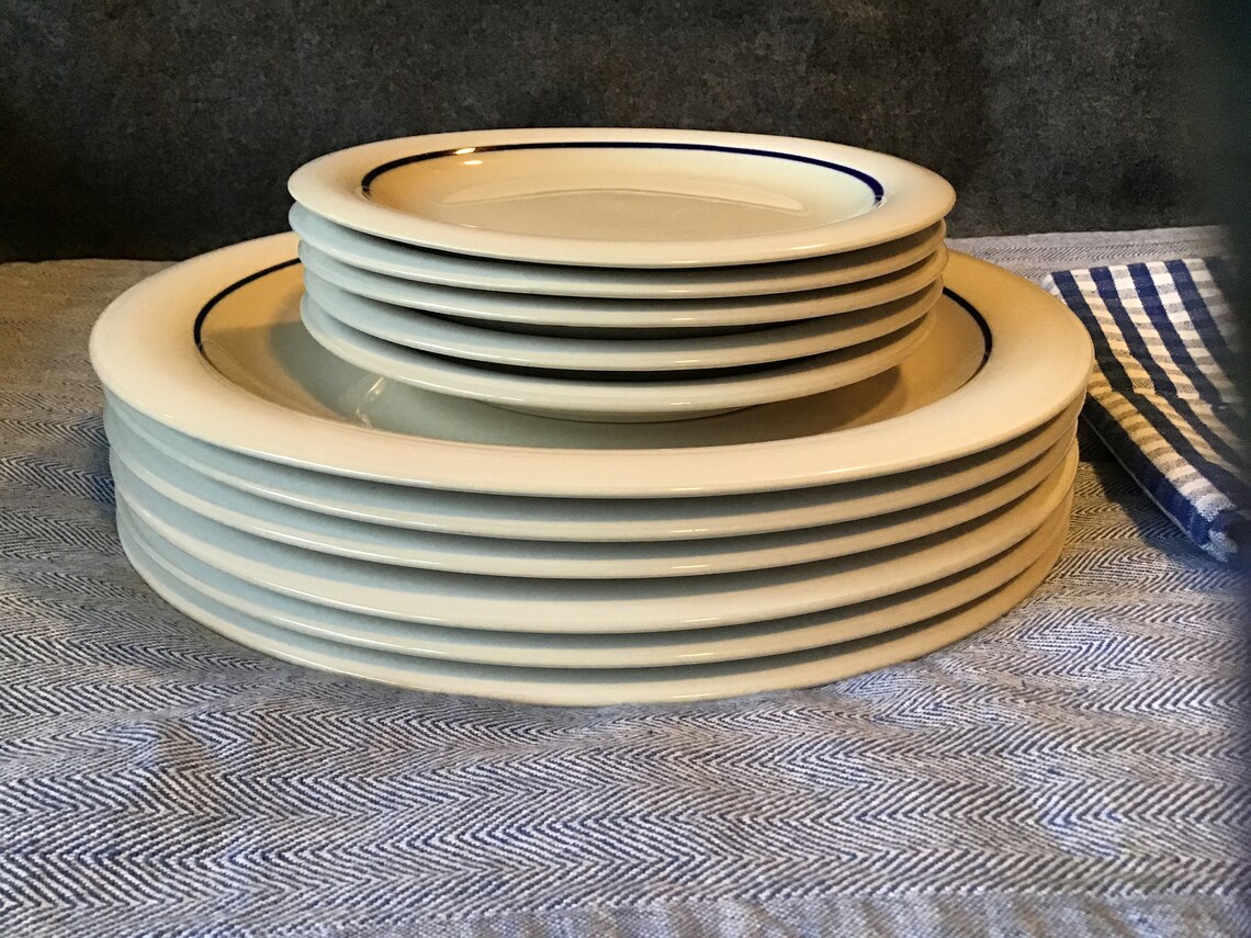 Gibson Housewares Blue Striped Plates, Set, 6 Dinner Plates, 5 Salad