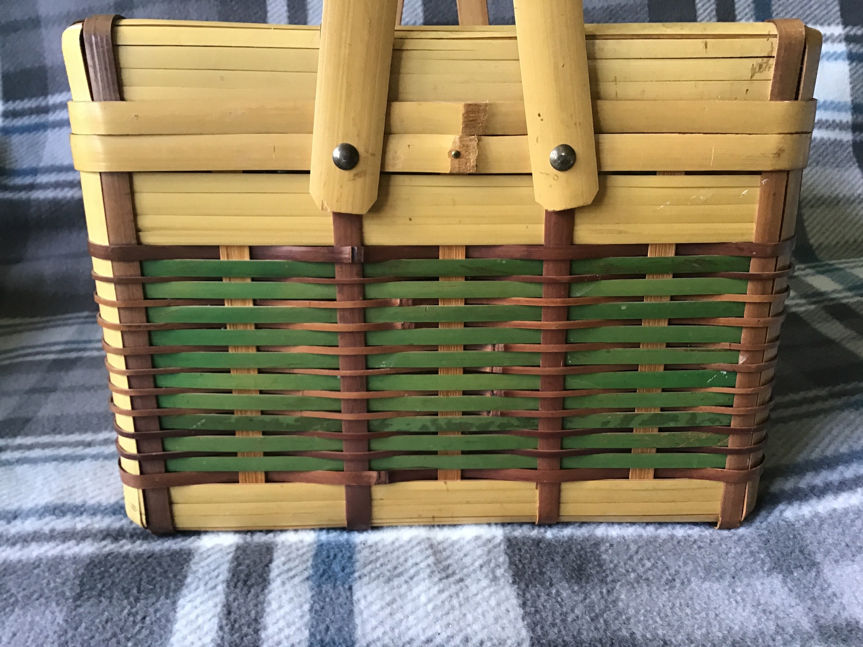 Vintage Bamboo Picnic Basket Farmhouse Rustic Country Etsy