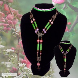 Doppel 2-teiliges Bamboo Set Ohrringe und Anhänger- Bamboo Necklace with Pendant &quot;Pearls & Bird&quot;-SpringSakura - Bamboo with Pearls Earrings