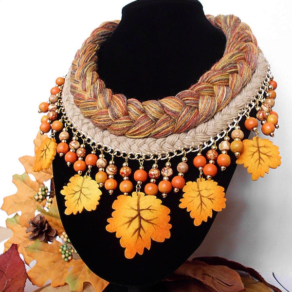 Jewelry set Necklace with Earrings and bracelet + necklace_Warm and Memorable Autumn Colors. Necklace Braided_Rustikal-Style