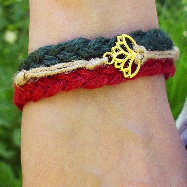 Armband Geflochten - Eco-Stil Schmuck  - Natur Jute- Leine - Eco style - Eco Schmuck - Lotus Blume - Eco Fashion - Eco-freundliche Schmuck