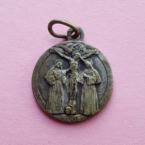 Religious antique French silver (MARKED) catholic medal pendant medallion holy charm ofSaint Rita and Saint Clara of Kontich in Belgium.