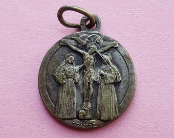 Religious antique French silver (MARKED) catholic medal pendant medallion holy charm ofSaint Rita and Saint Clara of Kontich in Belgium.