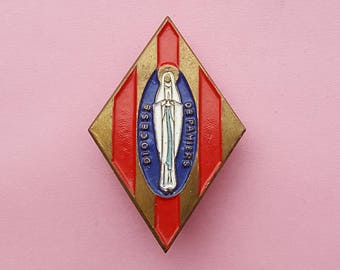 Vintage enameled copper brooch brooch pin religious Holy Mary our Lady catholic Diocese de Pamiers.