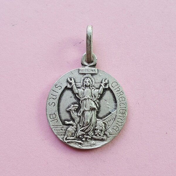 Rare religious antique French silvered medal pendant medaillon holy charm of Agnus Dei lamb.