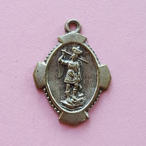 Religious antique French catholic silvered medal pendant medallion of Saint Michael, Saint Michel the Archangel, Guardian angel.