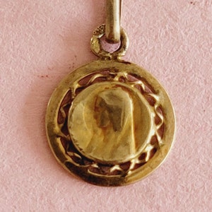 Religious antique gold plated vermeil French catholic medal pendant medallion holy charm of Virgin Mary, Holy Mary Our Lady.
