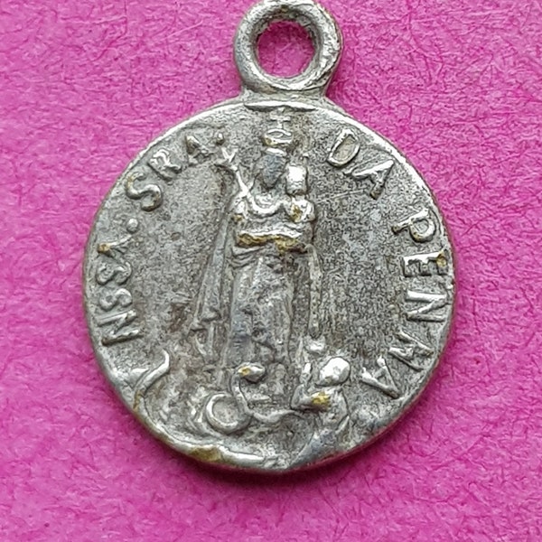 Religious antique holy charm catholic silver plated medal pendant of Our Lady of Penha, Nossa Senhora Do Rosario De Penha, Portugal.